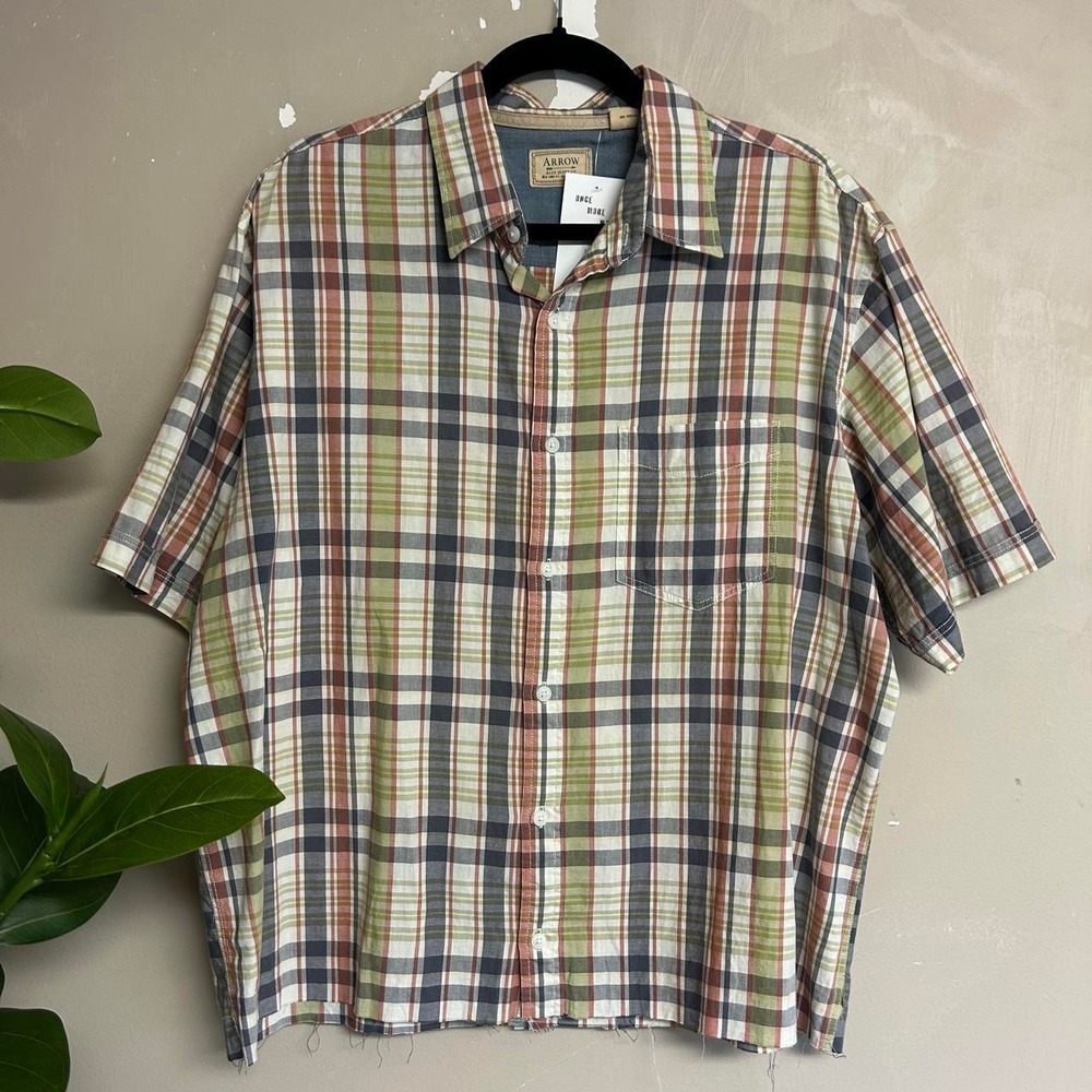 Arrow Blue Jeans Co Mens Large Y2K Plaid Cropped Short Sleeve Button Up Shirt